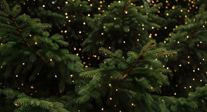 Close up of a christmas tree with string lights creating a festive and warm atmosphere - Powered by Adobe