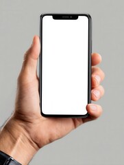 A close-up of a hand holding a smartphone with a blank screen, ideal for showcasing app designs or digital content. Neutral background enhances focus.