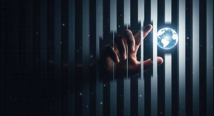 Obraz premium A hand reaches out towards a glowing Earth, framed by vertical bars, symbolizing hope and connection in a confined space.
