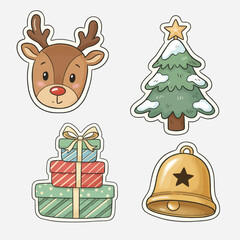 Obraz premium Cartoon Style Isolated Christmas Element Collection with Deer, Tree, Gift, Bell