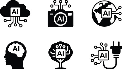Collection of six modern ai icons representing artificial intelligence in various concepts