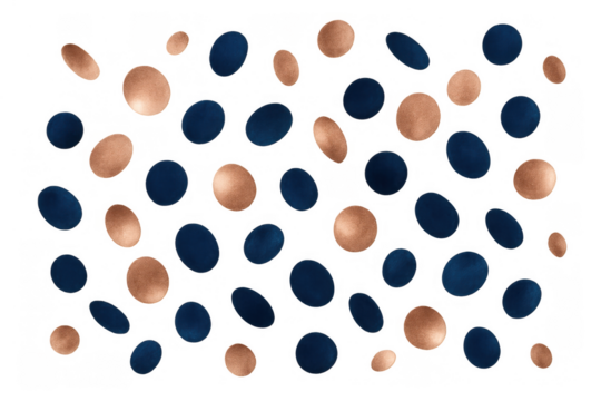 Floating blue and metallic copper dots forming a textured, abstract background design with a transparent alpha channel - Powered by Adobe