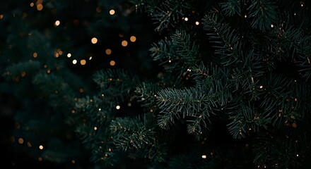 Close up shot of a christmas tree with small lights illuminating the dark background