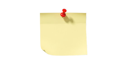 A yellow sticky note attached with a red push pin against a black background in a studio shot