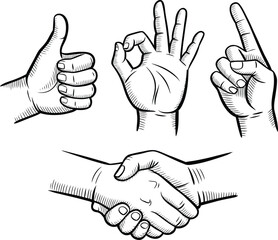 Collection of hand gestures including thumbs up ok sign pointing finger and handshake