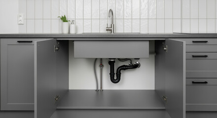 Modern gray kitchen cabinet under sink with exposed plumbing pipes, clean tiled backsplash and minimalist interior design detail
