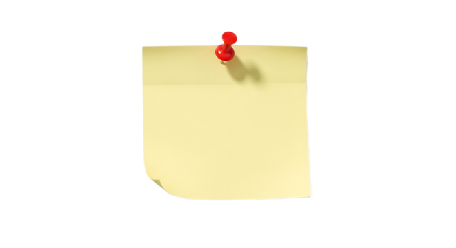 A yellow sticky note attached with a red push pin against a black background in a studio shot