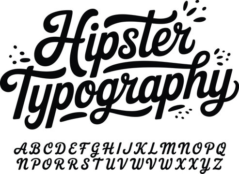 Hand drawn hipster typography lettering with alphabet on white background