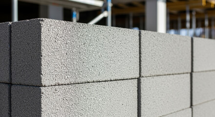 Closeup of stacked lightweight concrete blocks at construction site with textured surface and blurred structural background