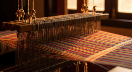 Colorful handloom weaving with vibrant rainbow threads in warm workshop light near window, showcasing traditional textile craft details
