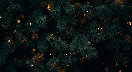 A close up shot of a christmas tree with pine cones and christmas lights in the background