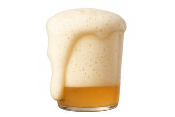Glass overflowing with frothy golden beer spilling down sides, offering refreshment on a transparent background