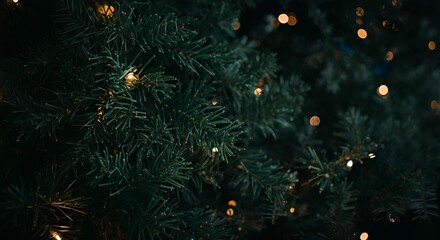 A close up view of a christmas tree with small lights illuminating the dark branches