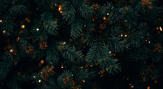A close up shot of a christmas tree with pine cones and christmas lights in the background