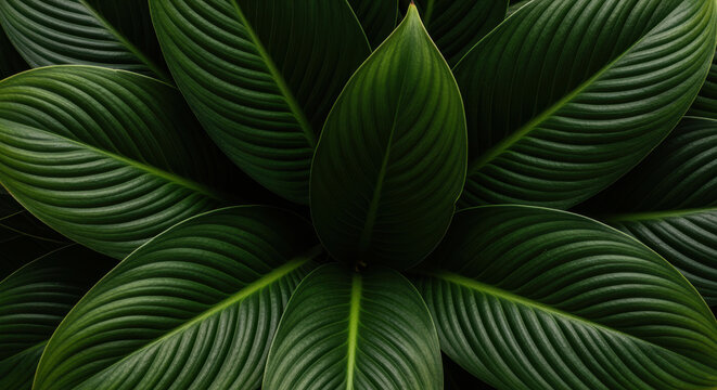 Lush tropical green leaves forming symmetrical natural foliage pattern in closeup view with rich texture and deep overlapping layers - Powered by Adobe