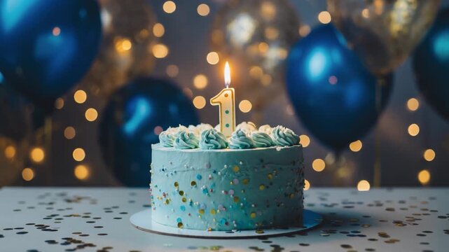 Blue birthday cake with a glowing number one candle, surrounded by balloons and golden bokeh lights celebrating a joyful first birthday.