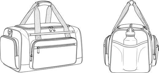 Gym bag technical flat sketch, front and side views. Sports duffel bag vector line art, isolated accessory mockup, fashion design template.