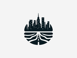 Modern city skyline illustrated with clean bold shapes in simple black vector logo design