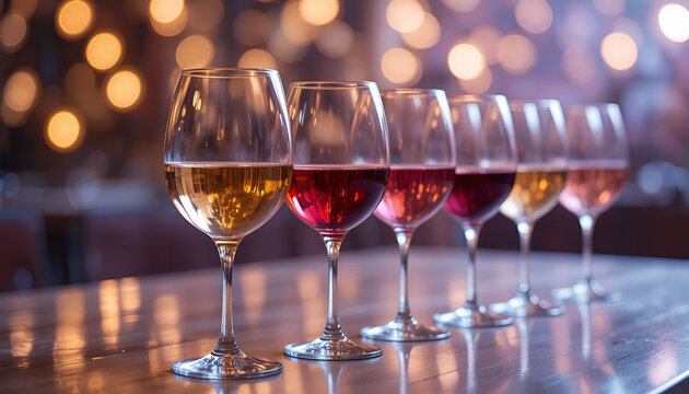 Dreamy Lineup of Wine Glasses with Bokeh Reflections
