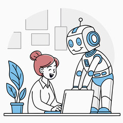 Cartoon robot helping a woman with a laptop isolated on