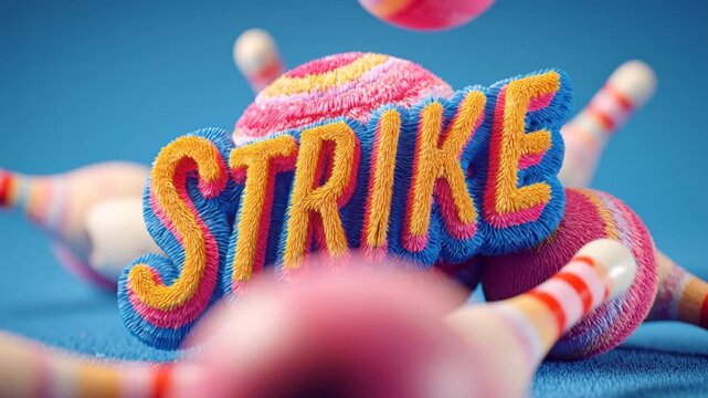 Colorful "STRIKE" text formed from textured, plush, and vibrant, multi-colored balls and bowling pins on a blue background