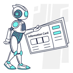 Robot presenting an information card isolated on with blue accents