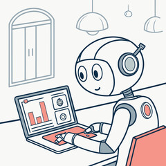 Robot working on laptop with charts and graphs isolated on