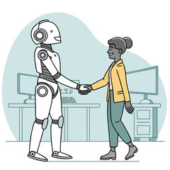 Businesswoman shaking hand with robot in office, artificial intelligence concept