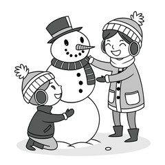 Two happy children in winter clothing joyfully building a snowman with a carrot nose and a striped scarf on a snowy day