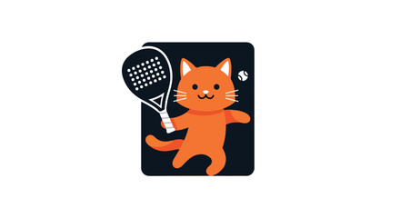 Cute Orange Cat Playing Tennis with Racket and Ball, Playful Pet Sports Icon