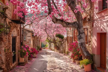 street with pink trees and flowers. street is lined with potted plants and the trees are in full bloom. The scene is peaceful and serene