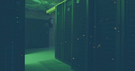 Lining tall server cabinets on right aisle, overhead cable trays running with blue LED indicators