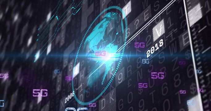 Displaying holographic globe rotating in dotted reticle on curved HUD, with repeating 5G tags