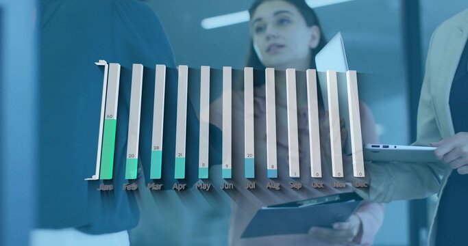 Showing 3D bar chart with green Jan Feb in glass room, blazer-clad team holding tablet laptop