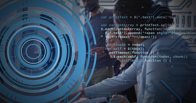 Leaning man in light buttondown shirt turning toward desk at office pointing at laptop, HUD overlay