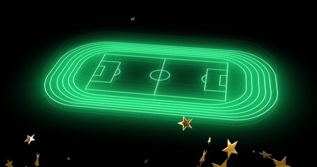Glowing neon oval track enclosing soccer pitch on black void, emitting green halo and gold stars