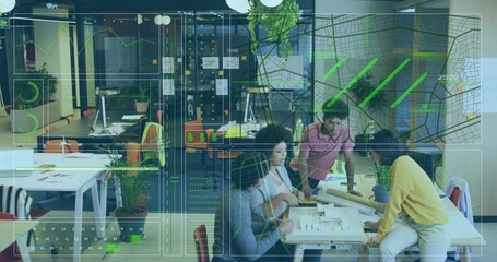 Collaborating designers in casual reviewing scale model and plans at coworking hub with AR overlay