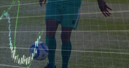 Balancing player in teal kit, knee socks, foot on white-blue soccer ball on turf under charts