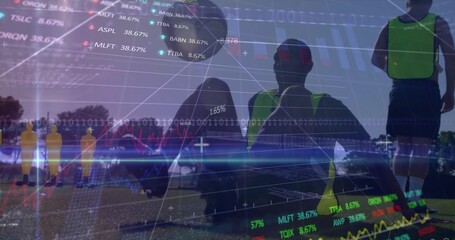 Squatting player wearing neon training vest on grassy field, with yellow dummies and market overlay