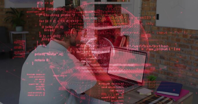 Holding head, middle-aged man in white t-shirt focusing on laptop in home office, red code overlay