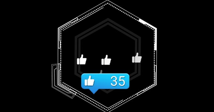 Naklejki Displaying layered hexagonal UI on digital canvas, showing white thumbs-up and blue badge 35