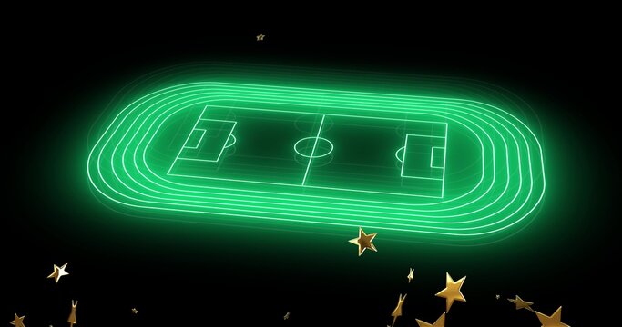 Glowing neon oval track enclosing soccer pitch on black void, emitting green halo and gold stars