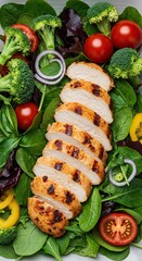 Nutritious meal featuring succulent grilled chicken slices resting on a vibrant bed of fresh mixed greens and colorful garden vegetables ,sliced ,lunch ,light
