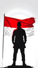 A powerful silhouette of a man standing confidently in front of the Indonesian flag, symbolizing patriotism, national pride, courage, and heroism