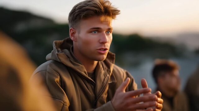 Military training director delivering motivational speech to young recruits at dawn, eyes intense but encouraging &mdash; concept of tough yet empathetic leadership, emotional empowerment in military