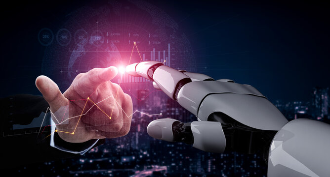 A close-up of a human hand and a robotic hand reaching toward each other, symbolizing connection in a modern business environment, with data analytics visualized in the background. Scalp