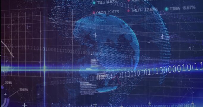 Rotating blue 3D point-cloud globe hovering over data dashboard with binary streams and HUD