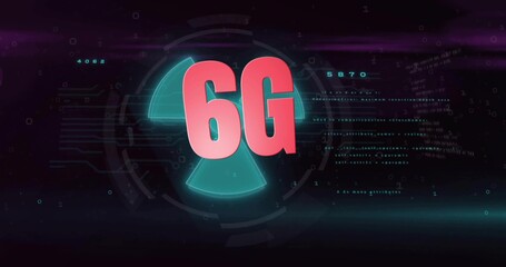 Glowing bold 6G lettering hovering over virtual HUD, with teal segmented circular wedges