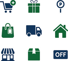 Collection of nine colorful shopping and retail icons representing online and physical commerce