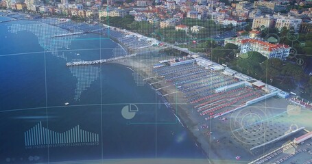 Showing beach with sunbeds, umbrellas, piers and boats at coast, in swimwear, HUD overlays